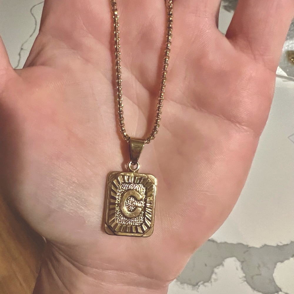 18K Gold plated Initial Letter Rectangle Medallion Necklace - Letter C